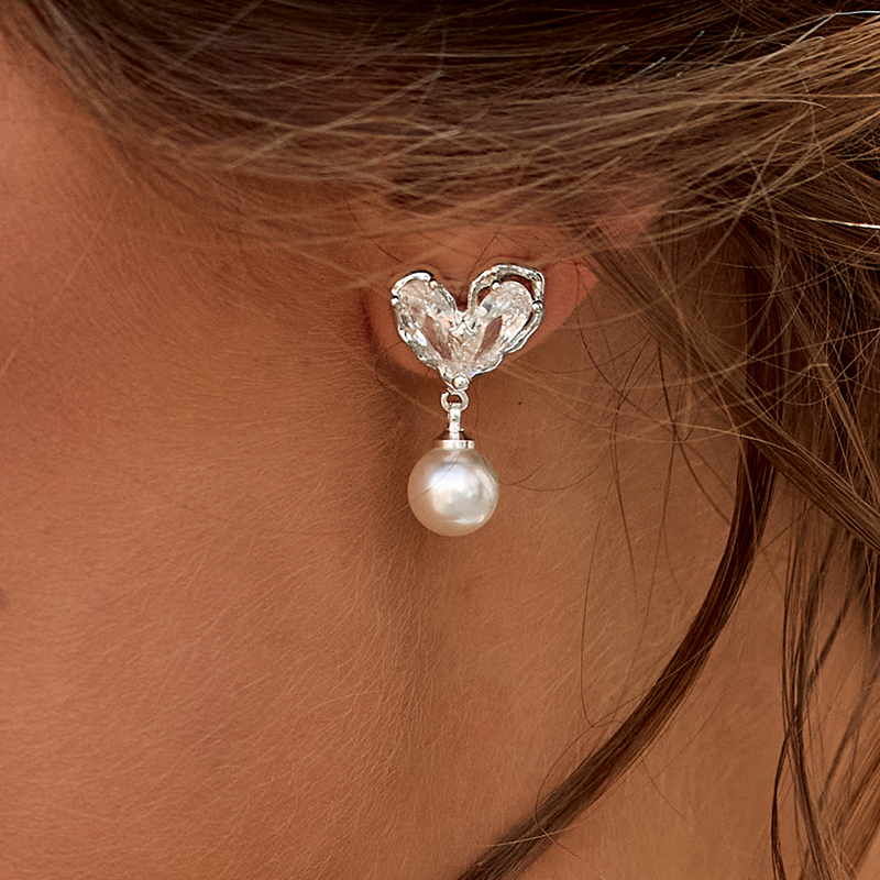 Beau magnifique cœur cuivre argent 925 boucles d'oreilles avec zircone cubique perles d'imitation