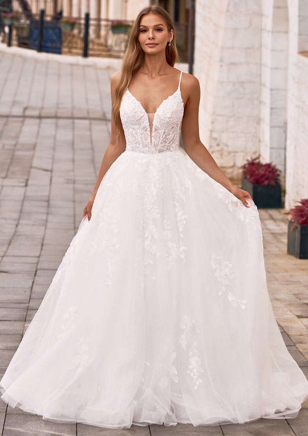 A-line V Neck Tulle Court Train Wedding Dress with Appliqued Glitter S3227W  - Wedding Dresses - Stacees