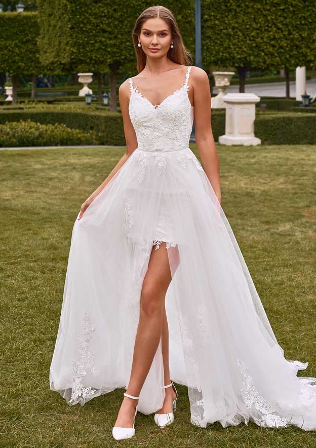 Convertible V Neck Tulle Floral Appliques Wedding Dress with Detachable  Train and High Slit