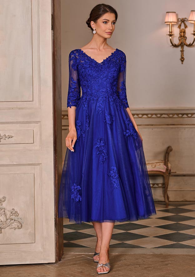 blue lace dress 3 4 sleeve Embroidered 3/4 Sleeve Chiffon Gown by Amelia Couture 7043 24 / Rose