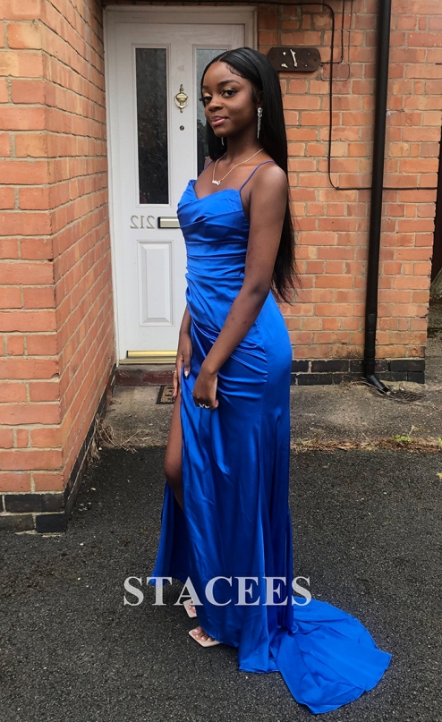 Trumpet/Mermaid V Neck Sleeveless Sweep Train Satin Prom Dress