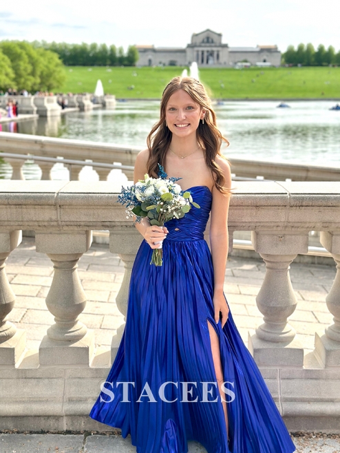 Strapless Keyhole Metallic Pleated A-line Prom Dress with Slit S8317PG - Prom  Dresses - Stacees
