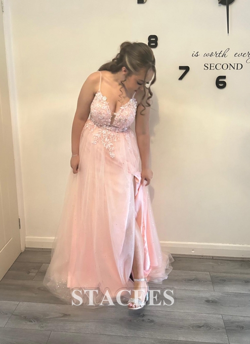 A-line V Neck Tulle Sweep Train Prom Dress with Appliqued Beading