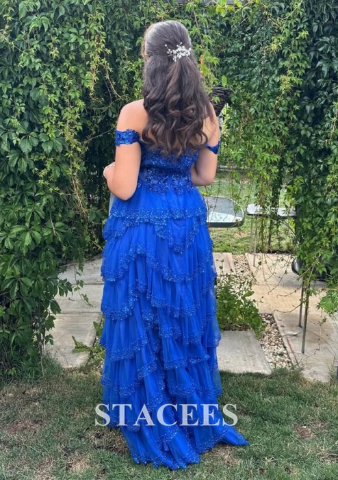 white christmas dresses A-Line Cold Shoulder Light Blue Sequin Ruffle Tiered Prom Dress –  FancyVestido main image 0