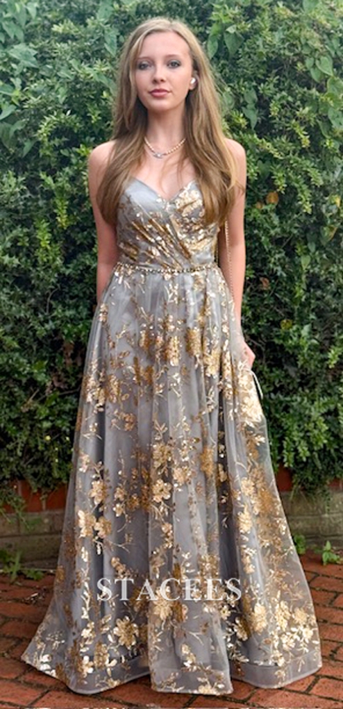 A-line V Neck Sleeveless Sweep Train Tulle Satin Prom Dress With Appliqued  Split- Prom Dresses - Stacees