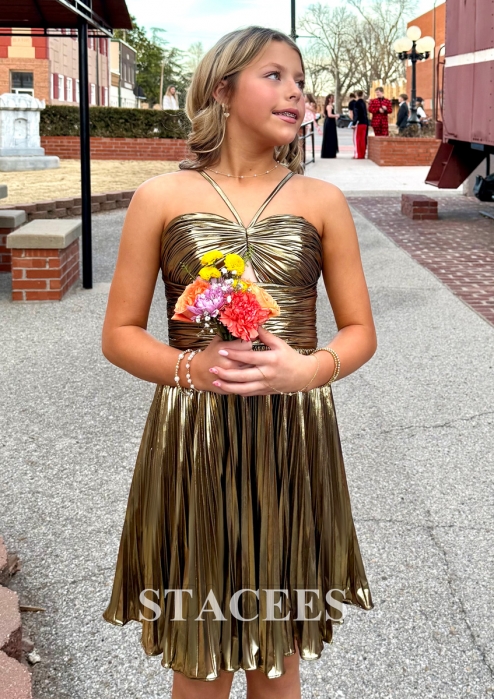 A-line Short/Mini Metallic Homecoming Dress with Pleated S8038H -  Homecoming Dresses - Stacees