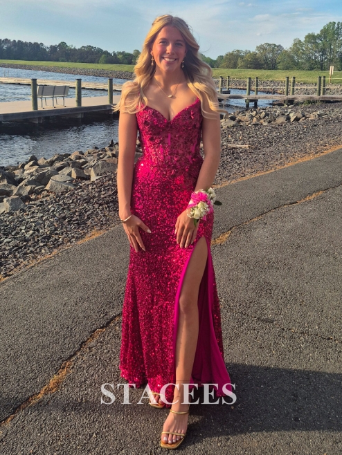 Fitted Applique Sequin Sleeveless Corset Slit Prom Dress S8341P - Prom  Dresses - Stacees